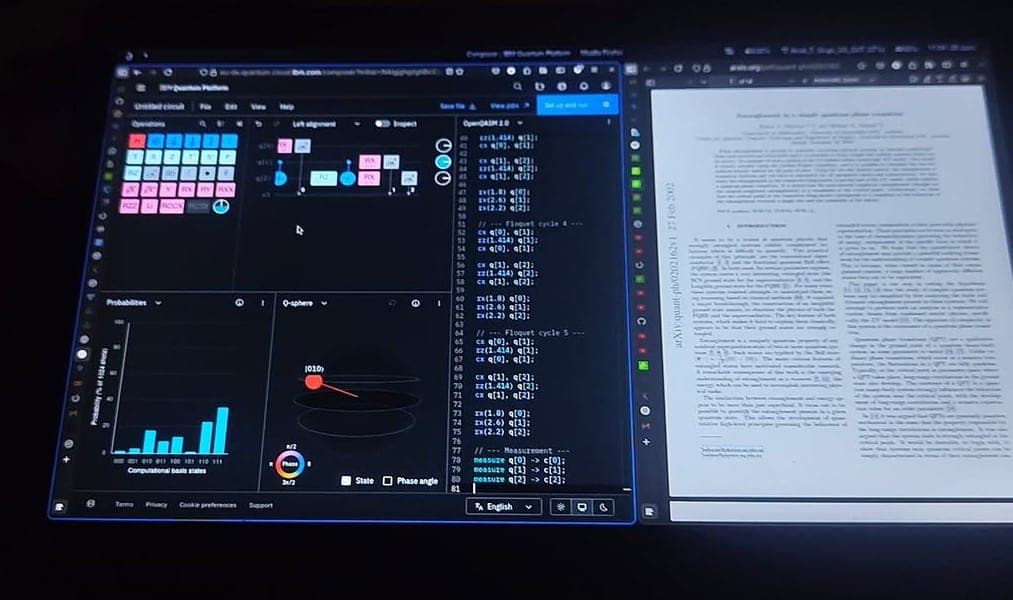 Tablet showing a colourful data dashboard next to a document